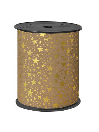Cadeaulint mokka met gouden sterren - 10mm x 150 meter