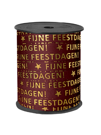 Bordeauxrood cadeaulint met gouden tekst 'Fijne feestdagen' - 10 mm x 150 meter