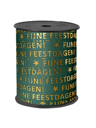 Donkergroen cadeaulint met gouden tekst 'fijne feestdagen' - 10 mm x 150 meter
