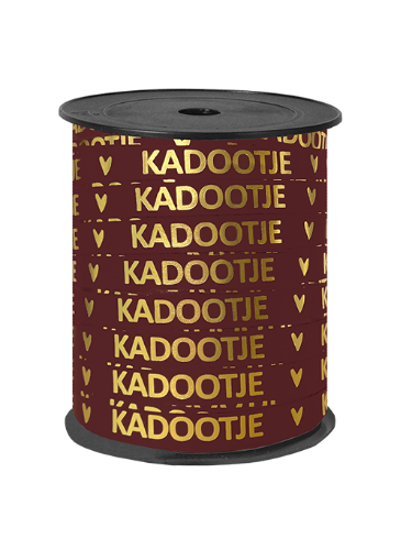 KP® Bedrukt cadeaulint - Kadootje burgundy/goud - 10mmx150m Burgundy paperlook lint met gouden tekst 'kadootje' - kadolint 10mmx150m