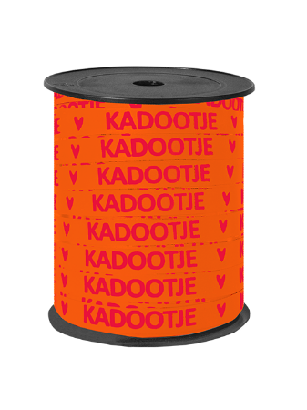 Oranje cadeaulint met roze 'kadootje' - paperlook kadolint 10mmx150m