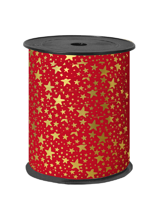 Rood Cadeaulint met gouden sterretjes - Paperlook 10mm x 150 meter