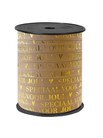 Mokka paperlook lint met gouden tekst 'Speciaal voor jou' - Cadeaulint 10mmx150m