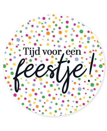 Ronde KP® raamsticker D50cm met confetti en tekst “Tijd voor een feestje!”, feestelijke raamdecoratie voor verjaardagen en feesten
