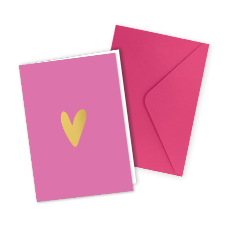 Roze wenskaart met gouden hart - Gevouwen kaart met roze envelop