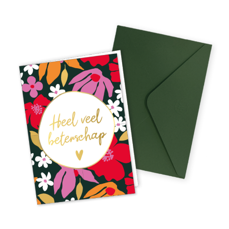 Wenskaart met gekleurde bloemen en beterschap - Gevouwen kaart met groene envelop