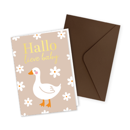 Beige geboorte kaartje - Goose - gevouwen wenskaart met bruine envelop
