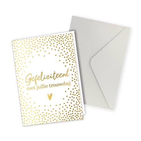 Wit wenskaartje met gouden tekst voor trouwdag - gevouwen kaart met envelop