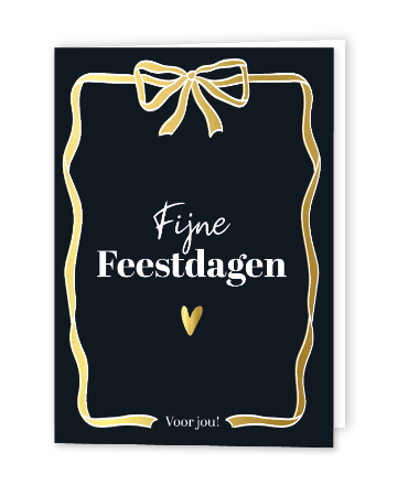 Zwarte kerstkaart met gouden strikkader - gevouwen wenskaart