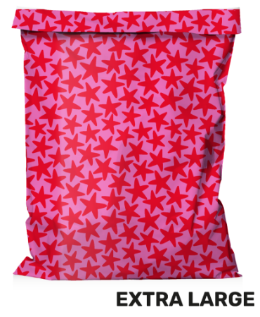 Roze verzendzak met rode sterren - webshopverpakking 50x70+8cm