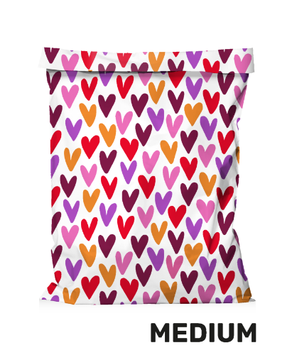 KP® Verzendzakken - Colorful hartjesregen 360x450+50mm 50stuks Witte verzendzak met gekleurde hartjes - webshopverpakking 36x45+5cm