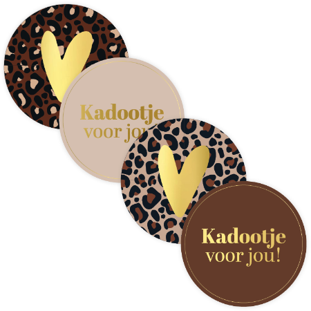 Cadeausticker ‘Kadootje voor jou’ en panterprint met hart – 4 varianten – D50mm