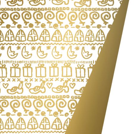 Afbeeldingen van Coated cadeaupapier 200m - Sint symbols wit/goud