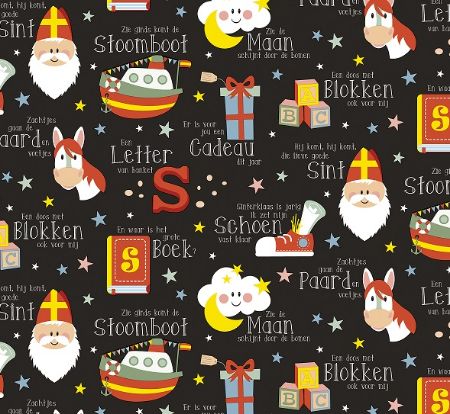 Afbeeldingen van Coated cadeaupapier 200m - Sint Lyrics zwart
