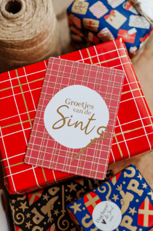 A6 wenskaart met tekst 'Groetjes van de Sint' en rood/wit ruitmotief - set van 10 stuks