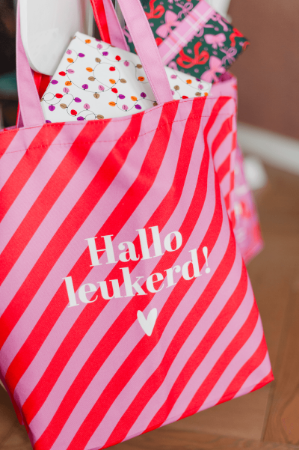 KP® canvas tas Stripes rood/roze - Hallo leukerd print 48x38cm