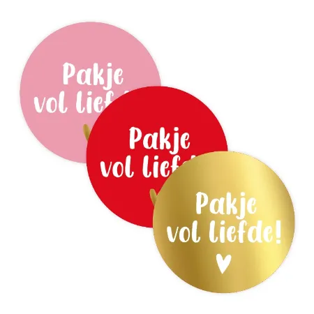 3 ronde stickers met 'pakje vol liefde' - roze, rood en goud