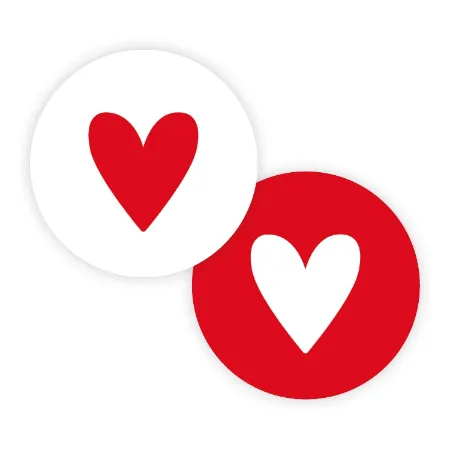 2 ronde stickers in rood/wit met hartje