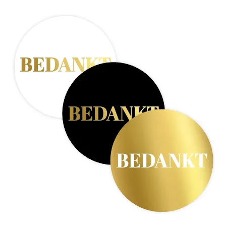 ronde stickers in wit, zwart en goud met bedankt