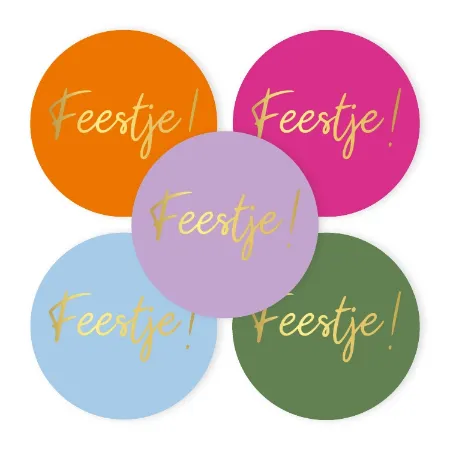 Feestje (kleurrijk) stickers D40mm - 5 soorten wensetiketten