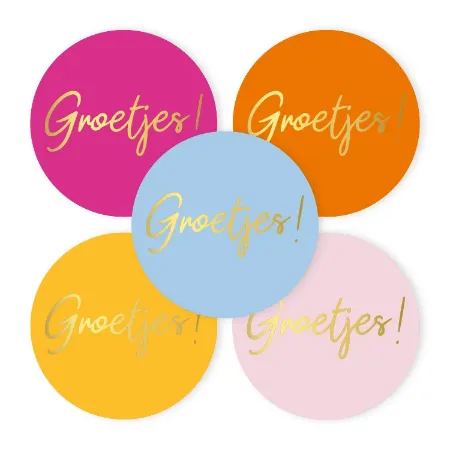 Groetjes stickers - Kleurrijk ronde wensetiketten - 5 varianten