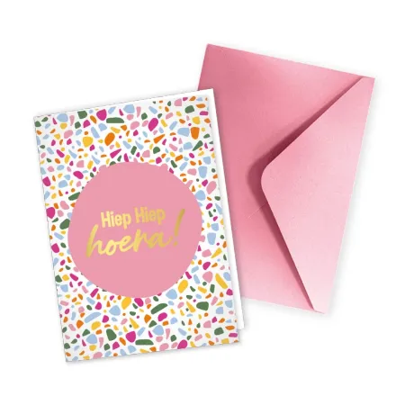 KP® Wenskaarten gevouwen - Hiep Hiep Hoera + Terazzo roze - 5 stuks