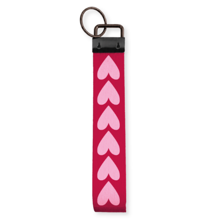 Rood stoffen polssleutelhanger met roze hartjes - Lief cadeautje