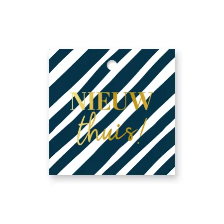 KP® Cadeaulabel - Nieuw thuis (wit/donkerblauw) - 60x60mm