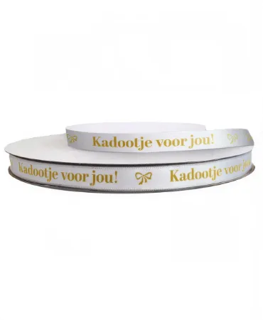 KP® Satijnlint 12mm - Kadootje voor jou, wit/goud 100m